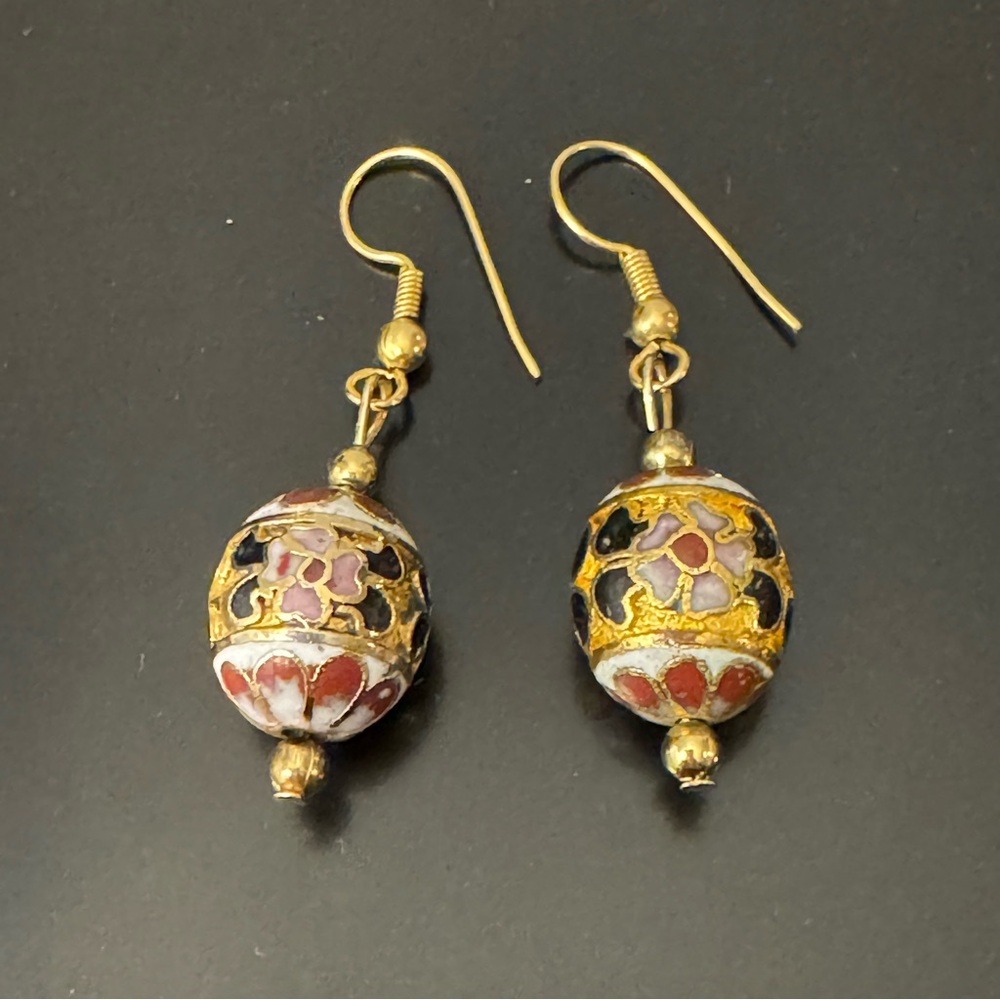 Gold Enamel Cloisonné Drop Earrings